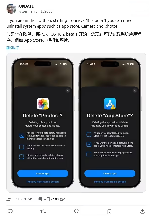 桥东苹果手机维修分享iOS 18.2 支持删除 App Store 应用商店 